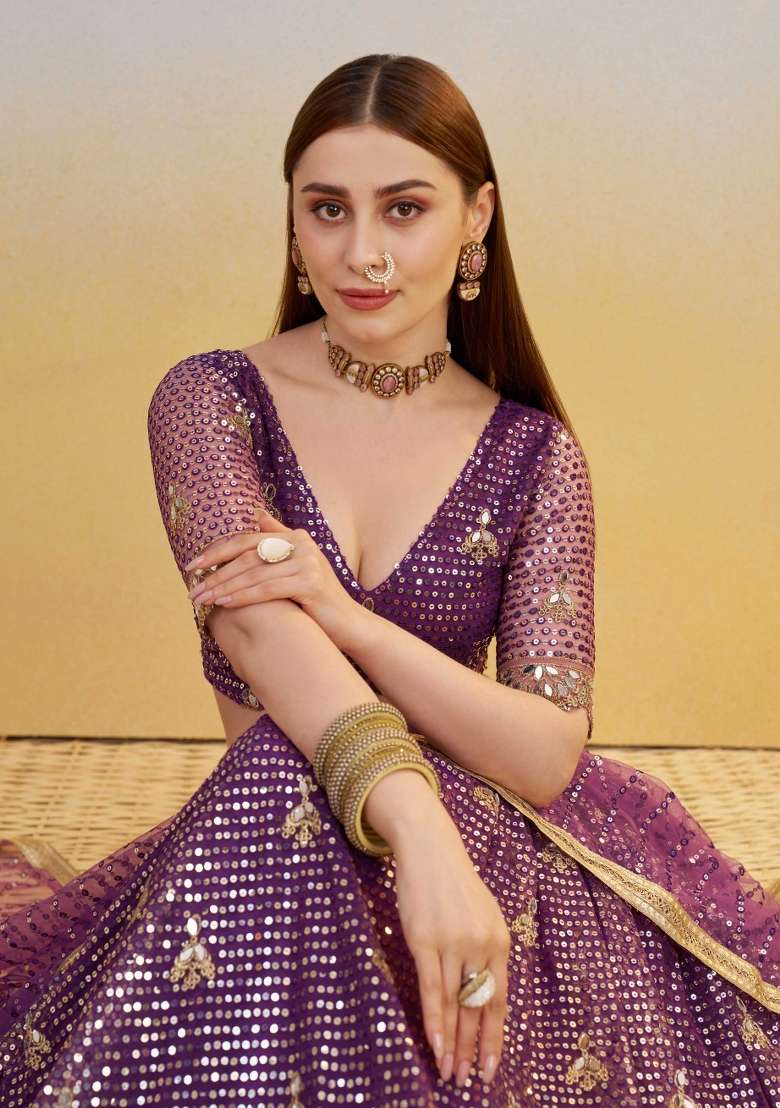 Dark Purple Thread Work Net Lehenga Set for Diwali and Festive Wear - Indya