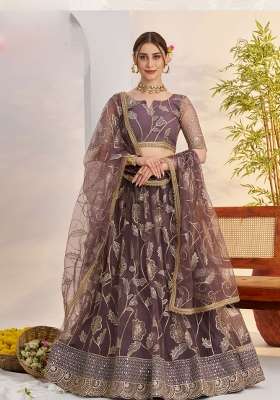 Dark Onion Thread Work Net Lehenga Set for Diwali and Festive Wear