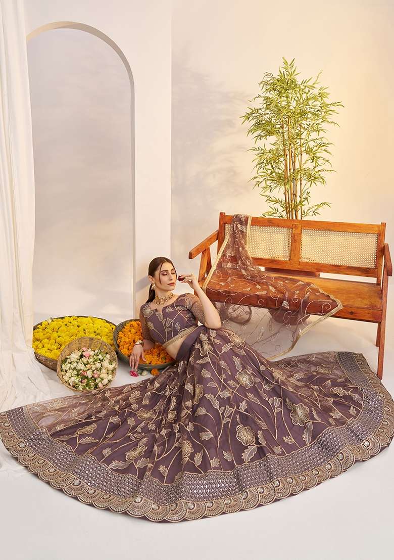 Dark Onion Thread Work Net Lehenga Set for Diwali and Festive Wear - Indya