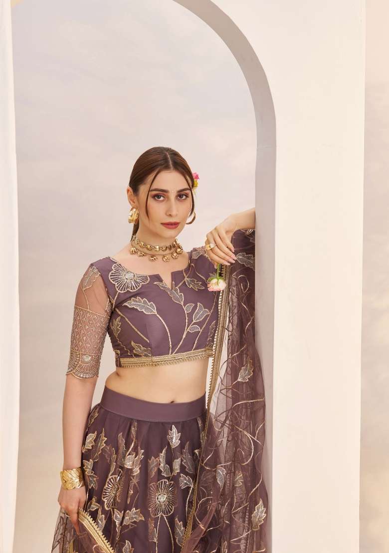 Dark Onion Thread Work Net Lehenga Set for Diwali and Festive Wear - Indya