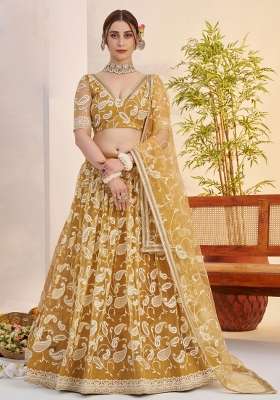 Light Gold Net Lehenga Set with Thread Work for Diwali | Wedding & Festive Wear