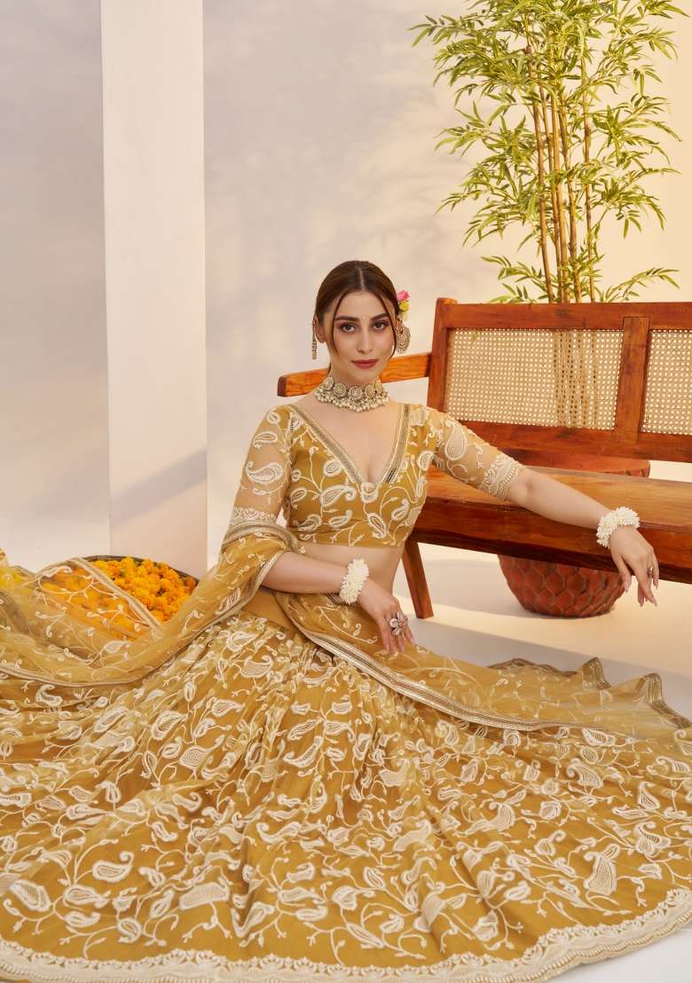 Light Gold Net Lehenga Set with Thread Work for Diwali | Wedding & Festive Wear - Indya