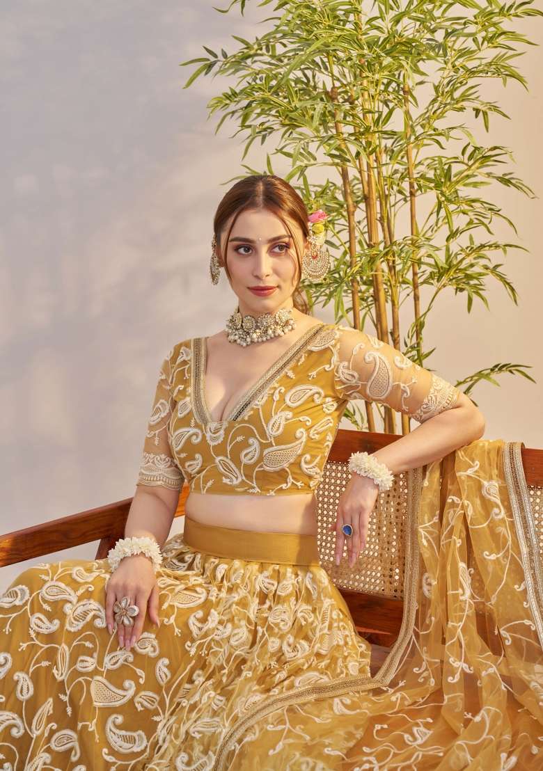 Light Gold Net Lehenga Set with Thread Work for Diwali | Wedding & Festive Wear - Indya
