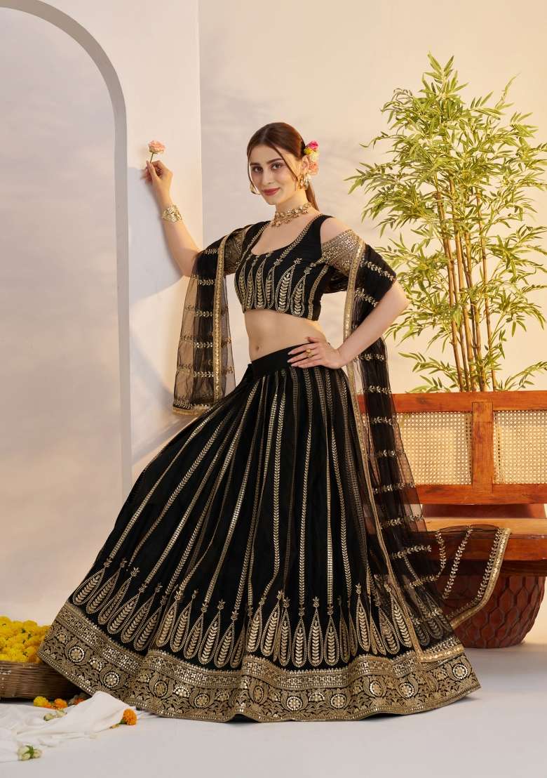 Black Thread Work Net Lehenga Set for Diwali and Festive Wear - Indya