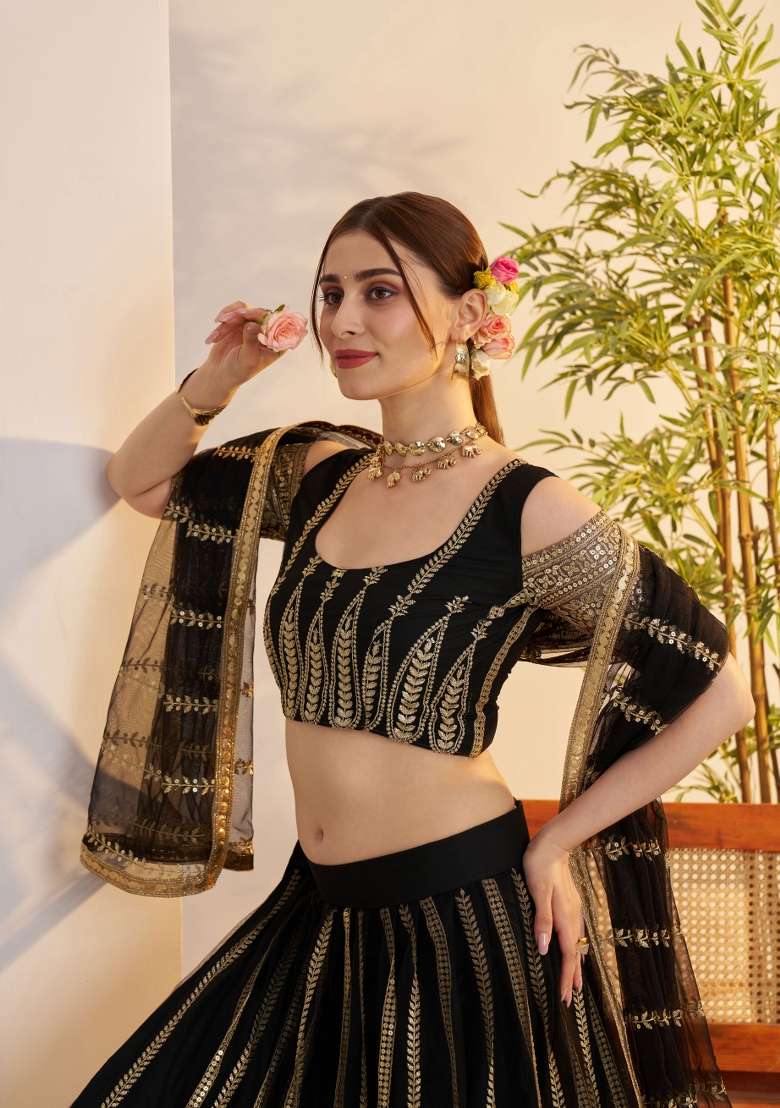 Black Thread Work Net Lehenga Set for Diwali and Festive Wear - Indya