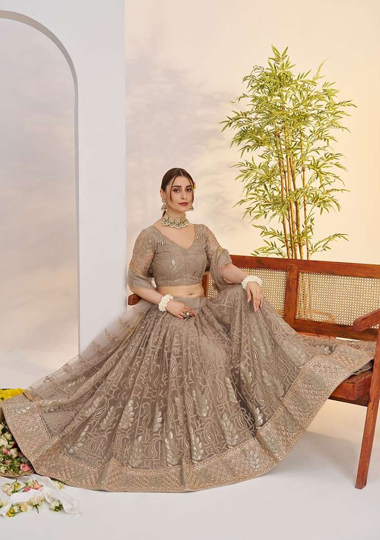 Muted Brownish Grey Thread Work Net Lehenga Set for Diwali and Festive Wear - Indya