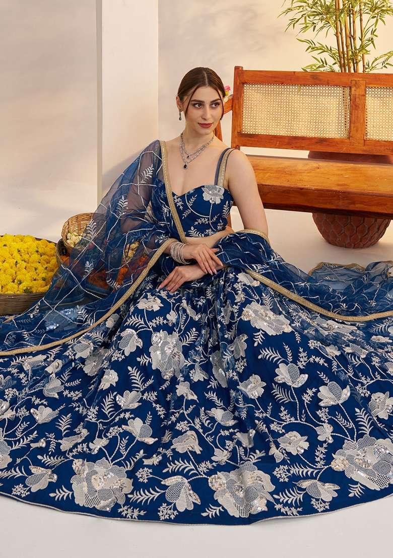 Blue Net Lehenga Set with Thread Work for Diwali | Wedding & Festive Wear - Indya