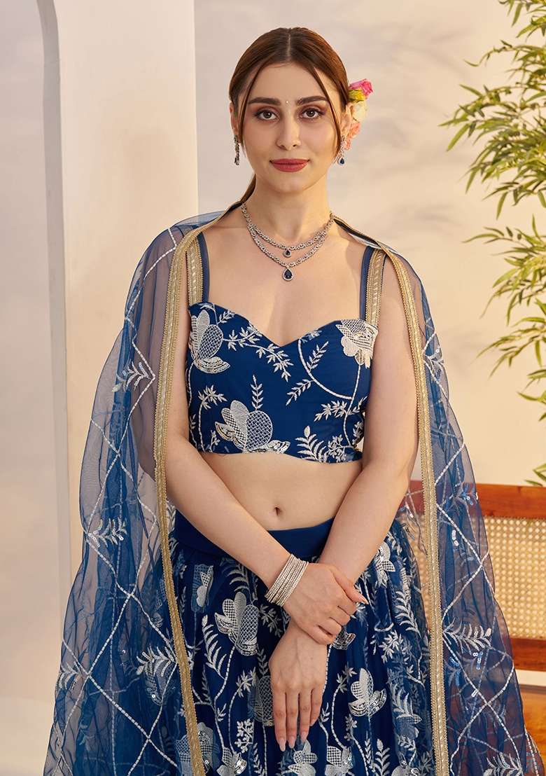 Blue Net Lehenga Set with Thread Work for Diwali | Wedding & Festive Wear - Indya