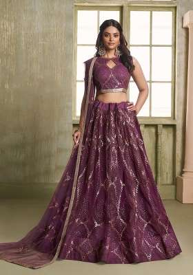 Wine Net Lehenga Set with Thread Work for Diwali | Wedding & Festive Wear