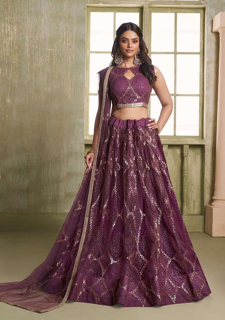 Wine Net Lehenga Set with Thread Work for Diwali | Wedding & Festive Wear - Indya