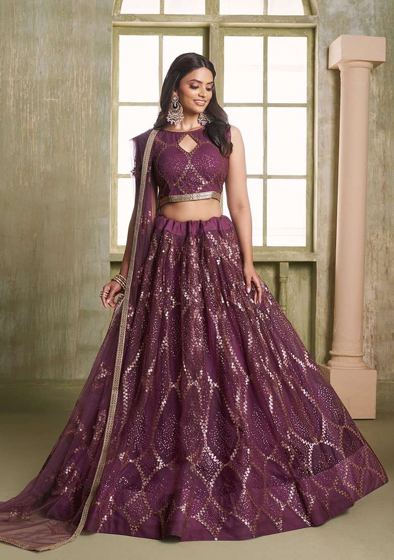 Wine Net Lehenga Set with Thread Work for Diwali | Wedding & Festive Wear - Indya