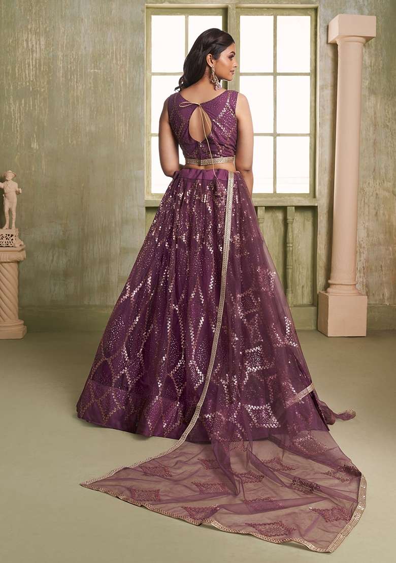 Wine Net Lehenga Set with Thread Work for Diwali | Wedding & Festive Wear - Indya