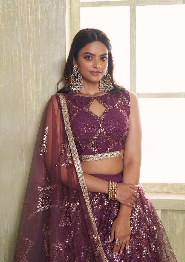 Wine Net Lehenga Set with Thread Work for Diwali | Wedding & Festive Wear - Indya