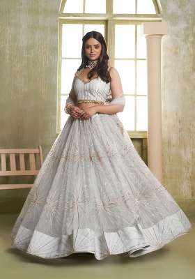 Silver Grey Net Lehenga Set with Thread Work for Diwali | Wedding & Festive Wear