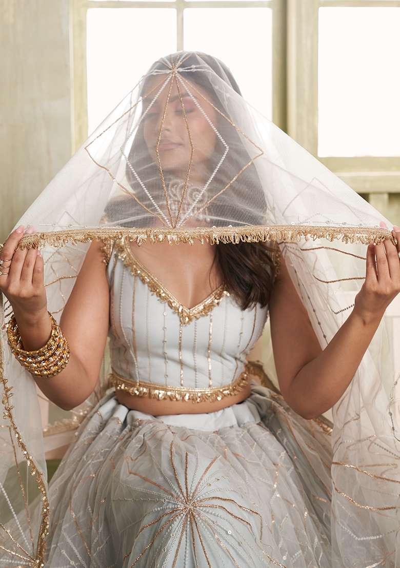 Silver Grey Net Lehenga Set with Thread Work for Diwali | Wedding & Festive Wear - Indya