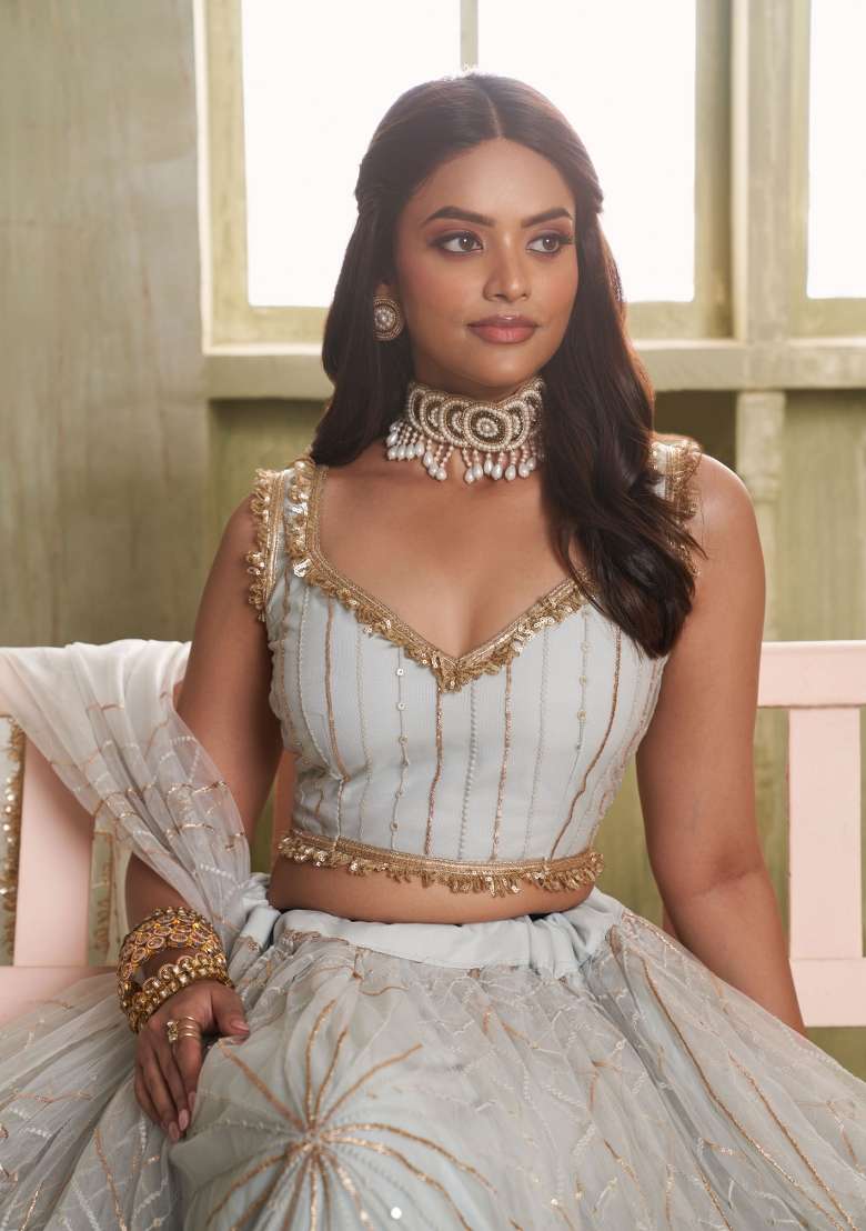 Silver Grey Net Lehenga Set with Thread Work for Diwali | Wedding & Festive Wear - Indya