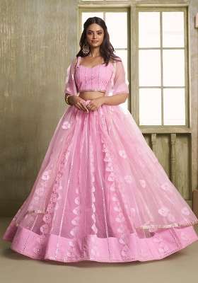 Pink Thread Work Net Lehenga Set for Diwali and Festive Wear