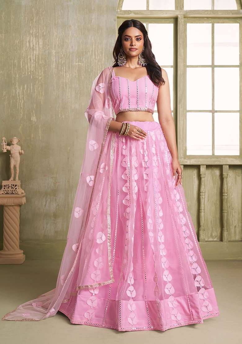 Pink Thread Work Net Lehenga Set for Diwali and Festive Wear - Indya
