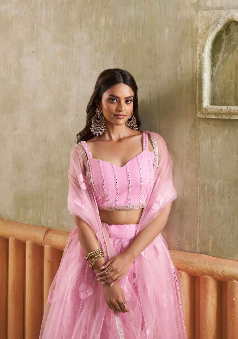 Pink Thread Work Net Lehenga Set for Diwali and Festive Wear - Indya