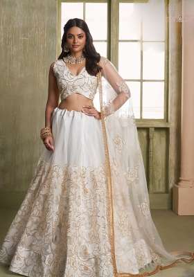 Off White Thread Work Net Lehenga Set for Diwali and Festive Wear