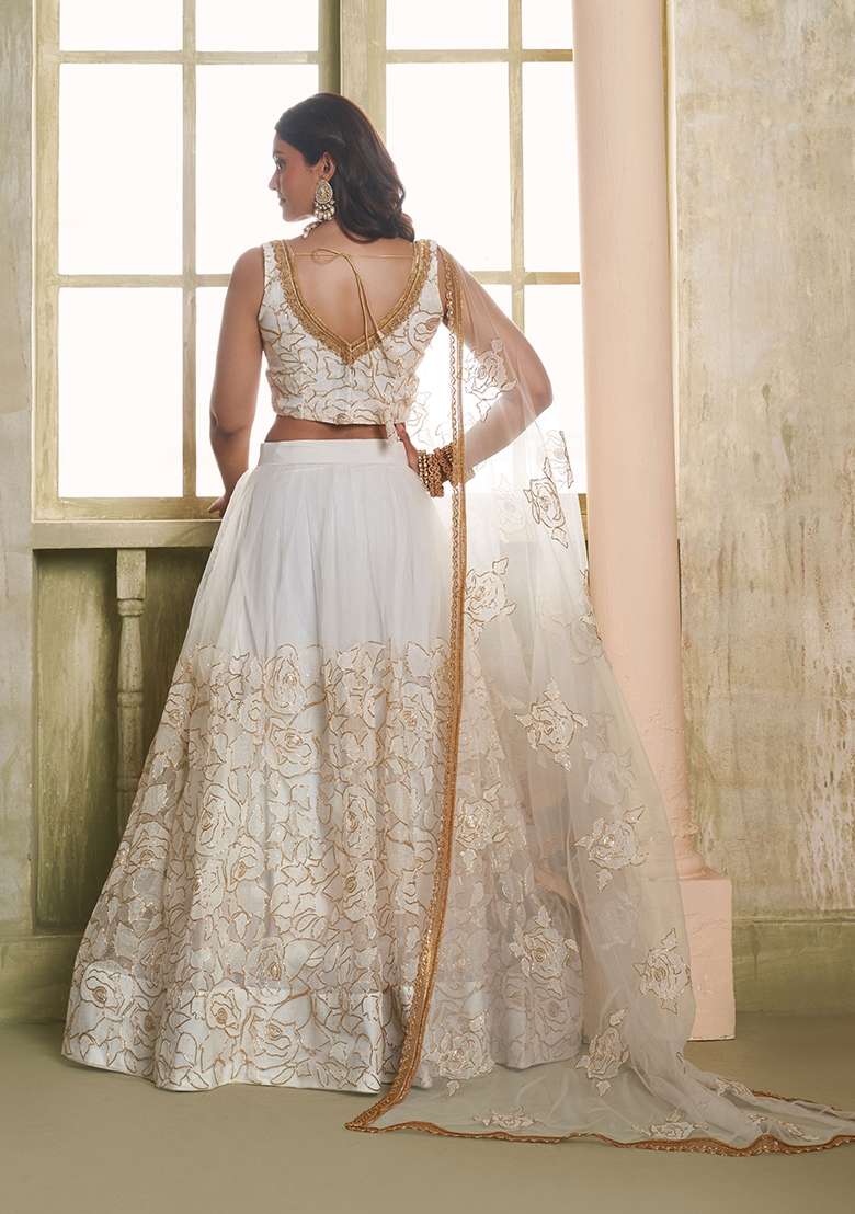 Off White Thread Work Net Lehenga Set for Diwali and Festive Wear - Indya