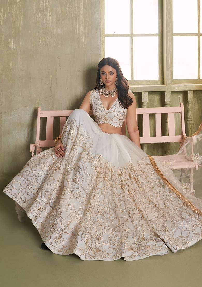 Off White Thread Work Net Lehenga Set for Diwali and Festive Wear - Indya
