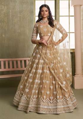 Beige Thread Work Net Lehenga Set for Diwali and Festive Wear
