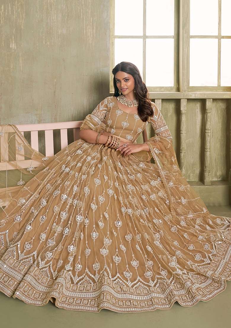 Beige Thread Work Net Lehenga Set for Diwali and Festive Wear - Indya