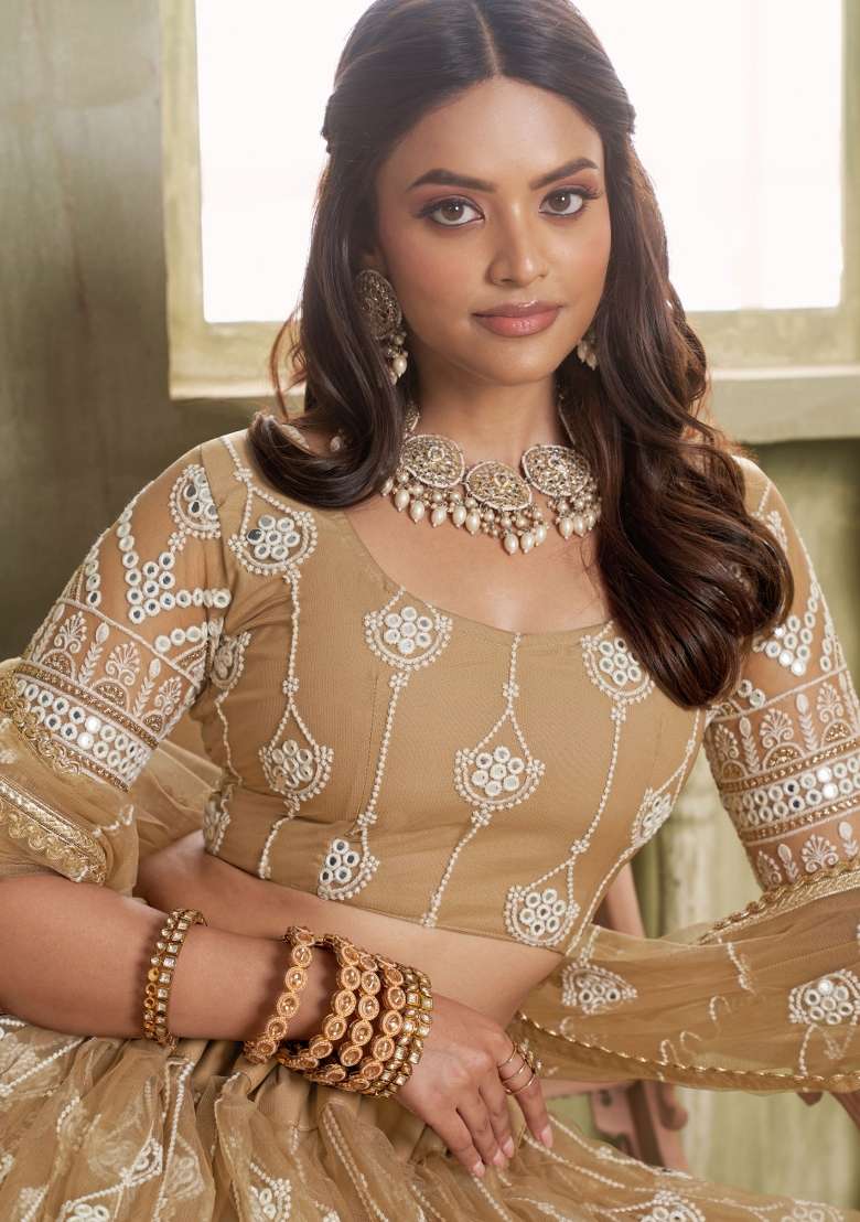Beige Thread Work Net Lehenga Set for Diwali and Festive Wear - Indya