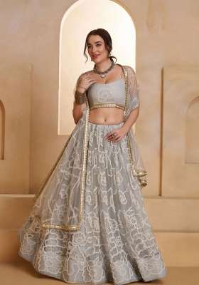 Grey Thread Work Net Lehenga Set for Diwali and Festive Wear