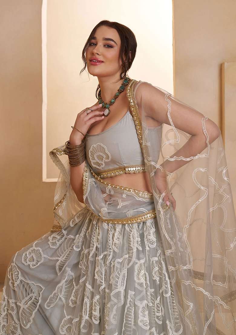Grey Thread Work Net Lehenga Set for Diwali and Festive Wear - Indya