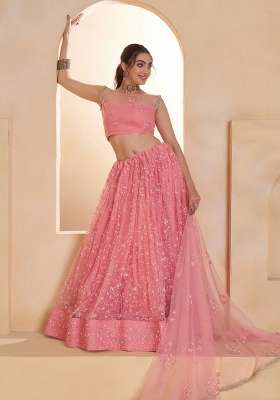 Pink Thread Work Net Lehenga Set for Diwali and Festive Wear