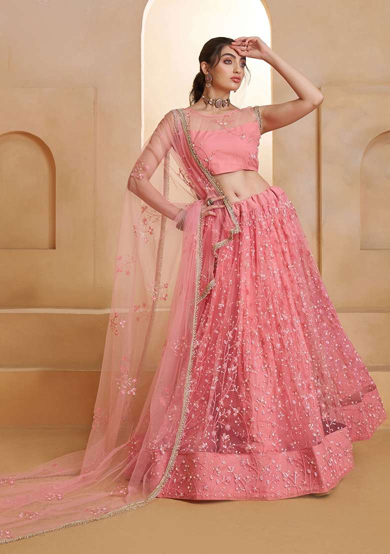Pink Thread Work Net Lehenga Set for Diwali and Festive Wear - Indya