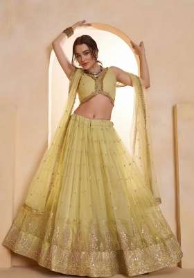 Lemon Yellow Thread Work Net Lehenga Set for Diwali and Festive Wear