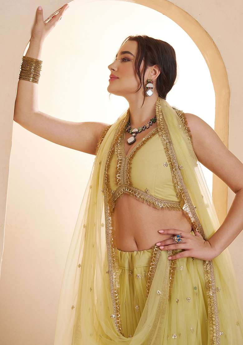 Lemon Yellow Thread Work Net Lehenga Set for Diwali and Festive Wear - Indya