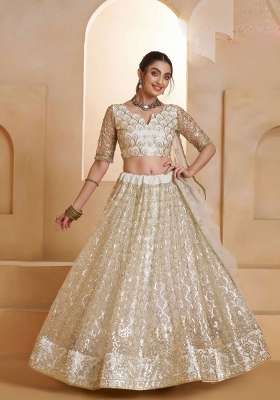 Off White Thread Work Net Lehenga Set for Diwali and Festive Wear