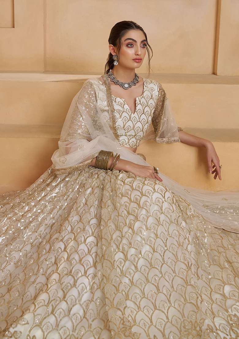 Off White Thread Work Net Lehenga Set for Diwali and Festive Wear - Indya
