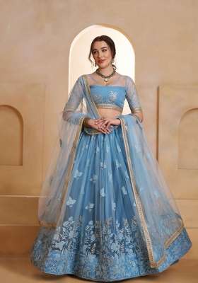 Sky Blue Net Lehenga Set with Thread Work for Diwali | Wedding & Festive Wear