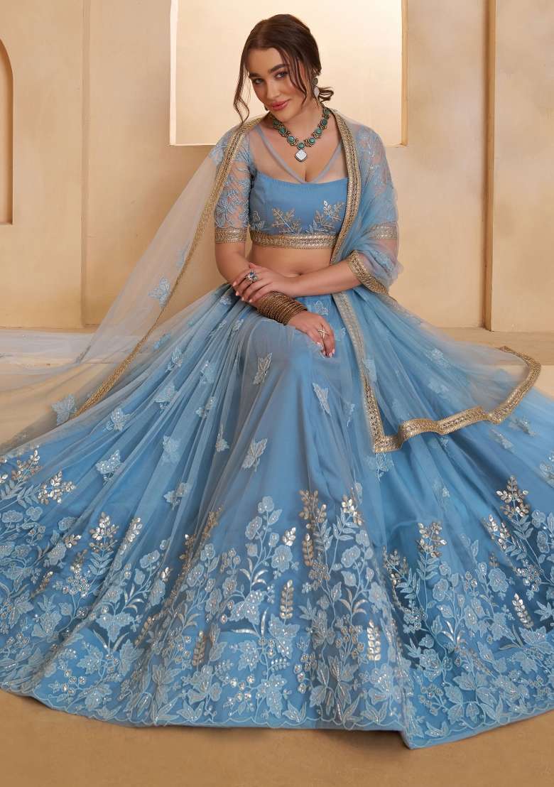 Sky Blue Net Lehenga Set with Thread Work for Diwali | Wedding & Festive Wear - Indya