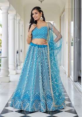 Blue Thread Work Net Lehenga Set for Diwali and Festive Wear