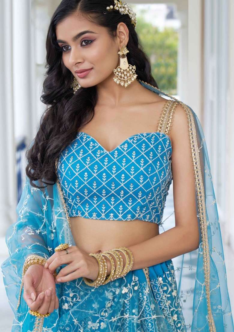 Blue Thread Work Net Lehenga Set for Diwali and Festive Wear - Indya