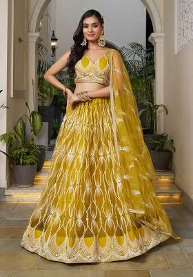 Mustard Net Lehenga Set with Thread Work for Diwali | Wedding & Festive Wear