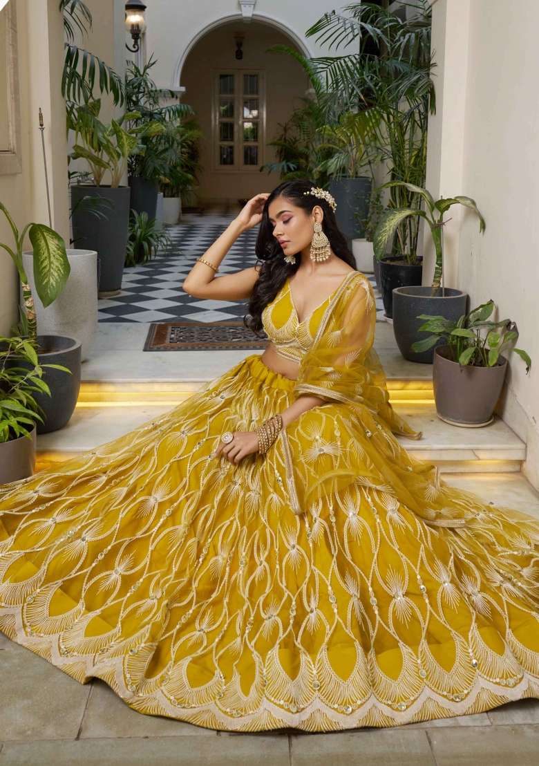 Mustard Net Lehenga Set with Thread Work for Diwali | Wedding & Festive Wear - Indya