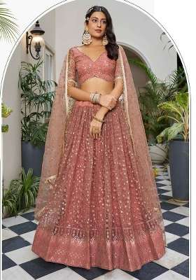 Rose Gold Thread Work Net Lehenga Set for Diwali and Festive Wear