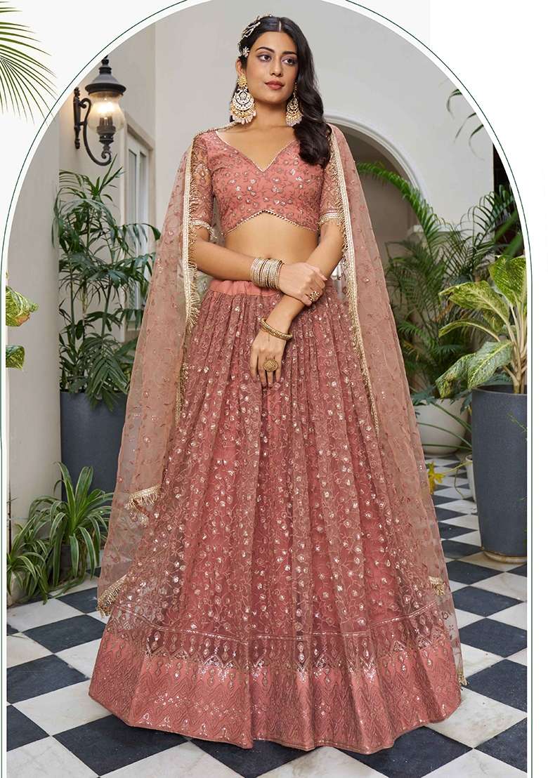 Rose Gold Thread Work Net Lehenga Set for Diwali and Festive Wear - Indya