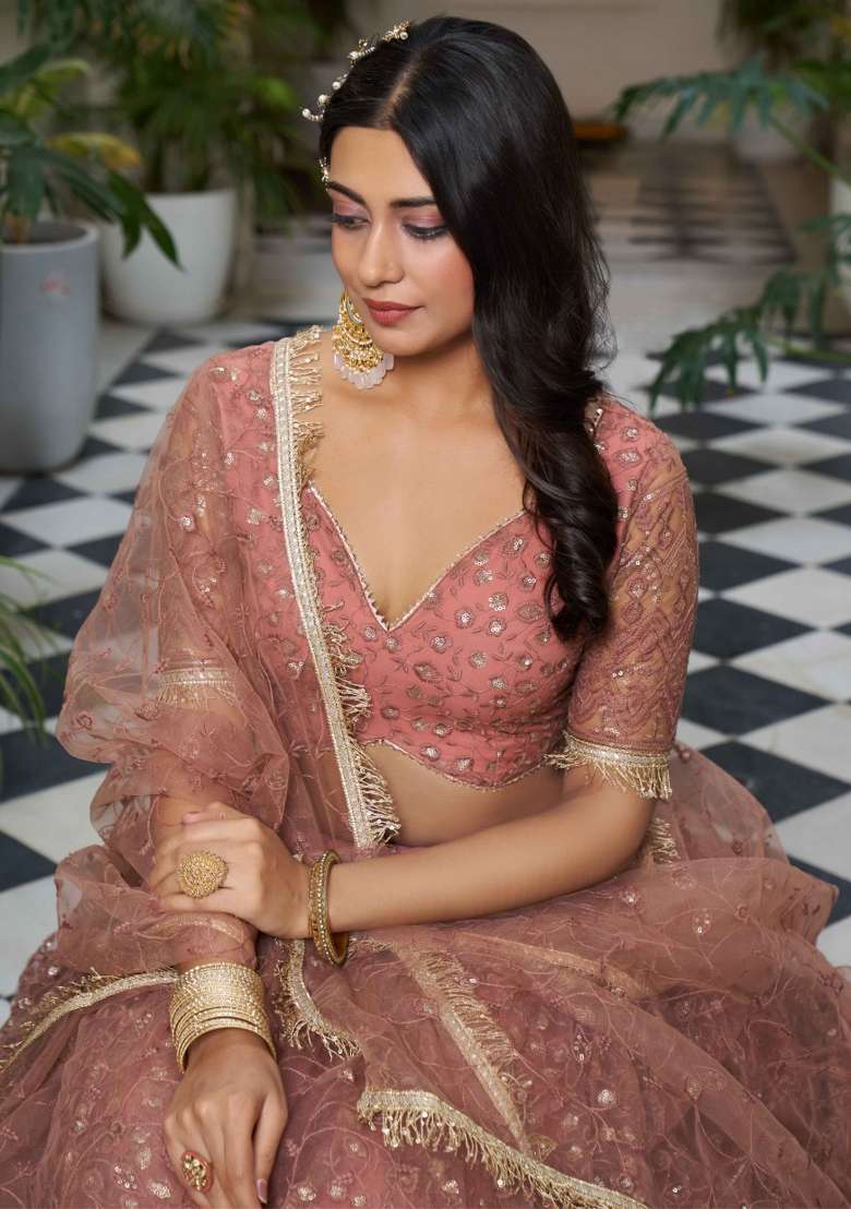 Rose Gold Thread Work Net Lehenga Set for Diwali and Festive Wear - Indya