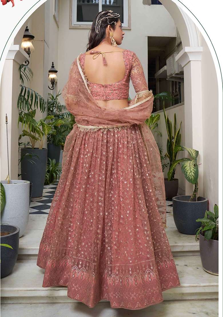 Rose Gold Thread Work Net Lehenga Set for Diwali and Festive Wear - Indya