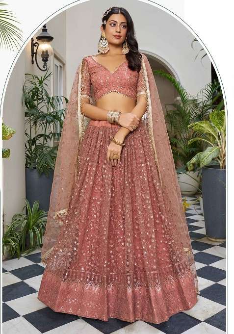 Rose Gold Thread Work Net Lehenga Set for Diwali and Festive Wear