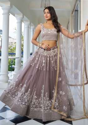 Dusty Brown Net Lehenga Set with Thread Work for Diwali | Wedding & Festive Wear