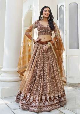 Brown Thread Work Net Lehenga Set for Diwali and Festive Wear